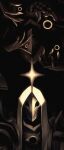  2boys absurdres dark_cosmic_jhin highres hood hoodie jhin konstatin_(konstatinart) league_of_legends looking_at_viewer male_focus mask monochrome multiple_boys multiple_hands multiple_persona official_alternate_costume solo star_(symbol) upper_body upside-down 