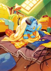  ;) animal_focus audio_jack bookshelf cable closed_mouth couch drawer indoors lamp light_particles nishida_yuu no_humans official_art one_eye_closed open_drawer pillow pokemon pokemon_(creature) pokemon_focus pokemon_tcg pokemon_tcg_pocket radio radio_antenna rug shinx smile third-party_source trash trash_can unworn_clothes window yellow_eyes yellow_pupils 
