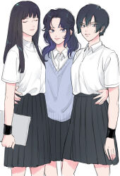  3girls arm_at_side black_eyes black_hair black_skirt blue_eyes blunt_ends book closed_eyes collared_shirt commentary_request cowboy_shot curtained_hair eyelashes facing_viewer genderswap genderswap_(mtf) girl_sandwich gradient_hair grey_vest hair_between_eyes hand_on_another's_hip high-waist_skirt holding holding_book legs_apart light_frown light_smile long_hair looking_at_viewer multicolored_hair multiple_girls pale_skin parted_bangs pink_lips pleated_skirt sanada_genichiroh sandwiched school_uniform shirt shirt_tucked_in short_hair short_sleeves simple_background skirt straight_hair sweatband sweater_vest tennis_no_ouji-sama very_short_hair vest wavy_hair white_background white_shirt wristband x09cc yanagi_renji yukimura_seiichi 