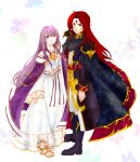  1boy 1girl black_cape black_coat boots brother_and_sister cape circlet coat dress facial_mark fire_emblem fire_emblem:_genealogy_of_the_holy_war forehead_mark jewelry julia_(fire_emblem) julius_(fire_emblem) long_hair looking_at_viewer purple_cape purple_hair redhead sandals siblings simple_background standing twins violet_eyes youseinomori 