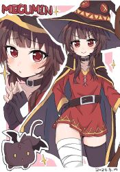  1girl animal asymmetrical_legwear bandaged_leg bandages belt black_robe black_thighhighs blush brown_belt brown_hair brown_hat cat character_name choker commentary cropped_legs dated dot_nose dress fingerless_gloves gloves hat kfkim2980 komekko kono_subarashii_sekai_ni_shukufuku_wo! long_sidelocks looking_at_viewer megumin multiple_views red_dress red_eyes robe short_hair sidelocks single_thighhigh sparkle thigh-highs witch_hat zettai_ryouiki 