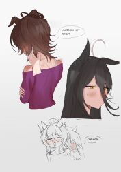  2girls absurdres agnes_tachyon_(umamusume) ahoge akamura_h animal_ears bare_shoulders bite_mark black_hair bra_strap brown_hair closed_eyes closed_mouth crossed_arms ears_down embarrassed english_text hair_between_eyes hand_on_another's_neck hickey highres horse_ears horse_girl long_hair_between_eyes manhattan_cafe_(umamusume) medium_hair multicolored_hair multiple_girls off-shoulder_shirt off_shoulder one_ear_down open_mouth purple_sweater raised_inner_eyebrows shirt shoulder_blush speech_bubble sweatdrop sweater umamusume white_hair yellow_eyes yuri 