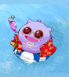  commentary_request fangs hawaiian_shirt highres innertube koffing kyouka-0428 no_humans ocean open_mouth outdoors pokemon pokemon_(creature) red_shirt shirt solo summer sunglasses swim_ring 