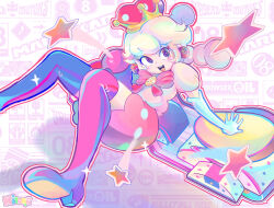  1girl absurdres artist_name blonde_hair boots bow commentary elbow_gloves english_commentary full_body gloves grey_eyes heart highres knee_boots light_blush looking_at_viewer mario_kart mario_kart_8 motor_vehicle nat0rii open_mouth outline pastel_colors peachette pink_boots pink_bow pink_shirt pink_shorts puffy_short_sleeves puffy_shorts puffy_sleeves red_outline scooter shadow shirt short_sleeves shorts smile solo star_(symbol) super_crown super_mario_bros. twintails white_background white_gloves 