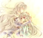  2girls circlet closed_eyes comforting deirdre_(fire_emblem) dress fire_emblem fire_emblem:_genealogy_of_the_holy_war grey_hair hand_on_another&#039;s_head hug julia_(fire_emblem) long_hair mio_(yumehikou) mother_and_daughter multiple_girls parent_and_child simple_background violet_eyes 