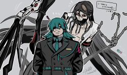  2boys animal_on_head arms_behind_back atuhi black_coat black_eyes black_hair black_sclera blue_hair blue_necktie bone calne_ca_(deino) closed_mouth coat collared_shirt colored_sclera commentary_request facial_hair genderswap genderswap_(ftm) goatee_stubble grey_shirt hair_between_eyes hair_over_one_eye hatsune_miku headphones highres isopod jawless long_hair looking_at_another male_focus mature_male mechanical_arms miku-oji mismatched_sclera multiple_boys mustache_stubble necktie on_head open_mouth red_eyes shirt stubble translation_request vocaloid white_coat 