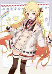  1girl :d baby_animal bird blonde_hair brown_dress brown_thighhighs chick commentary_request dress hair_ribbon highres hololive hololive_dev_is jacket long_hair looking_at_viewer neck_ribbon one_side_up open_mouth orange_hair otonose_kanade otonose_kanade_(1st_costume) piano_print pure_(cookieby) rainbow red_eyes red_ribbon ribbon smile solo thigh-highs thigh_strap virtual_youtuber white_jacket 