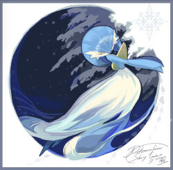  1girl alternate_color arched_back artist_name blue_background blue_hair blue_skin bob_cut border character_name chinese_commentary colored_skin commentary_request copyright_name english_commentary english_text from_side full_body gardevoir grey_border hair_over_one_eye highres looking_afar mixed-language_commentary multicolored_skin no_feet one_eye_covered pokemon pokemon_(creature) round_border shiny_pokemon short_hair signature snowflakes solo two-tone_skin white_border white_skin yellow_eyes yueryu_(taroyuer2) 