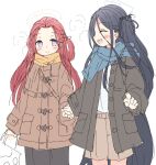  2girls alternate_costume aris_(blue_archive) black_skirt blue_archive blue_eyes blue_hair blue_halo blue_scarf blush braid breath brown_coat brown_skirt closed_eyes coat dark_blue_hair duffel_coat facing_another forehead grey_coat hair_between_eyes halo holding_hands kamotsu_yasai long_hair long_sleeves looking_at_another mechanical_halo multiple_girls one_side_up open_mouth orange_scarf pointing red_halo redhead scarf shirt side_braid skirt smile very_long_hair white_background white_shirt winter_clothes winter_coat yuzu_(blue_archive) 
