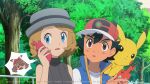  1boy 2girls :o ash_ketchum black_hair blonde_hair blue_eyes blue_vest brown_eyes commission day eyelashes grey_headwear hand_up hat holding holding_phone looking_to_the_side may_(pokemon) mixed-language_commentary multiple_girls noelia_ponce on_shoulder open_clothes open_mouth open_vest outdoors phone pikachu pokemon pokemon_(anime) pokemon_(creature) pokemon_journeys pokemon_on_shoulder red_headwear rotom rotom_phone serena_(pokemon) shirt short_hair spoken_character sweater_vest tree upper_body vest white_shirt 