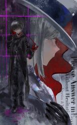  1boy 1girl black_boots black_coat black_gloves black_pants black_sclera blue_eyes boots character_name chinese_commentary coat colored_sclera commentary_request corded_phone english_text from_side gloves grey_hair hat heterochromia highres holding holding_phone mask mask_on_head mismatched_sclera official_alternate_costume pants phone portrait profile red_gloves reverse:1999 standing vertin_(reverse:1999) witch_hat x_(breathing_in_silence)_(reverse:1999) x_(reverse:1999) xiegegege_gezi yellow_eyes 