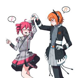 2girls a.i._voice absurdres adachi_rei adachi_rei_(vocaloid6) arm_up black_jacket blush commentary_request dancing feet_out_of_frame gloves grey_jacket grey_shirt grey_skirt highres holding_hands jacket kasane_teto kasane_teto_(sv) korean_commentary kurokabe_b long_sleeves looking_at_another miniskirt multiple_girls musical_note one_eye_closed open_clothes open_jacket open_mouth orange_hair piano_print red_hair shirt simple_background skirt smile speech_bubble spoken_musical_note standing synthesizer_v utau white_background white_gloves