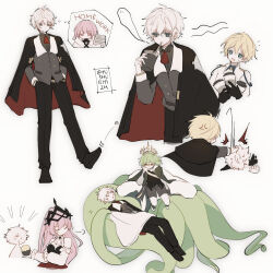  2girls 4boys anger_vein black_pants black_tiara blonde_hair blue_eyes closed_eyes covering_with_blanket crown cupcake doll_(morimens) drinking food highres hitting holding holding_food kicking lying male_keeper_(morimens) morimens multiple_boys multiple_girls murphy_(morimens) ogier_(morimens) on_back pants pink_eyes pink_hair pushu simple_background speech_bubble tentacles thought_bubble tiara tulu_(morimens) white_background william_(morimens) 