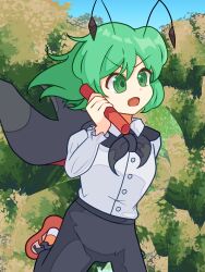  1girl absurdres antennae ara_frog black_cape black_pants breasts buttons cape collared_shirt commentary_request foot_out_of_frame green_eyes green_hair highres holding long_sleeves looking_afar mary_janes open_mouth pants red_shoes relay_baton running shirt shoes short_hair small_breasts socks solo touhou tree v-shaped_eyebrows white_shirt white_socks wriggle_day wriggle_nightbug 
