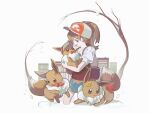  1girl bare_tree brown_hair commentary eevee elaine_(pokemon) flower green_shorts hat holding holding_pokemon long_hair looking_down majyo_(witch_poke) open_mouth pokemon pokemon_(creature) pokemon_lgpe ponytail red_flower shirt short_sleeves shorts smile snow symbol-only_commentary tree white_shirt 