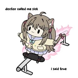  1girl :3 ahoge animal_ear_fluff animal_ears animal_pin aqua_bow aqua_bowtie aqua_sailor_collar artist_name asymmetrical_clothes asymmetrical_legwear black_eyes black_thighhighs bow bowtie brown_hair brown_shoes cardigan cat_ears cat_tail chibi chibi_only commentary doctor_called_me_sick_i_said_true_(meme) drone element_skateboards english_commentary eyelashes fire fire_trail flaming_vehicle fur-tipped_tail hair_between_eyes hair_intakes hair_ornament hair_ribbon heart heart_hair_ornament heart_pin highres indie_virtual_youtuber long_hair long_sleeves looking_ahead mantisprayer22 meme multiple_hair_ribbons neuro-sama neuro-sama_(1st_costume) outstretched_arms pink_fire pleated_skirt purple_skirt railing red_ribbon ribbon sailor_collar shoes skateboard skateboarding skirt smile solo spread_arms star_(symbol) star_pin striped_clothes striped_collar striped_skirt sweater t-pose tail tail_ornament tail_ribbon thigh-highs turtle two-tone_collar two-tone_skirt two_side_up vedal987 vedal_ai virtual_youtuber wavy_mouth white_background white_trim yellow_cardigan yellow_sweater 