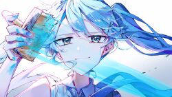  1girl blue_eyes blue_hair blue_nails blue_theme collared_shirt double-parted_bangs drawing_on_fourth_wall gradient_background hair_between_eyes hair_ornament hatsune_miku highres holding holding_paintbrush light_blush light_smile oda_kogane paint_on_fingers paint_on_hands paintbrush painting_(action) portrait shirt sleeves_rolled_up smile_(vocaloid) solo twintails vocaloid white_background x_hair_ornament 