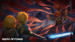  1girl 2boys absurdres armor artist_name aura bangle big_hair black_cape black_gloves black_sclera black_skin blonde_hair blue_gem blue_shirt blurry blurry_background bracelet braid cape cave champion's_tunic_(zelda) colored_sclera colored_skin commentary copyright_name crown_braid dark dark_aura english_text engrish_text exposed_muscle eye_trail facing_another facing_away fangs_(pixiv_54198849) fingerless_gloves floating_hair forehead_jewel from_behind ganondorf gem gloves glowing glowing_sword glowing_weapon gold hair_tie hands_up highres holding holding_sword holding_weapon hood hood_down hooded_cape jewelry layered_sleeves light_trail link long_hair long_sleeves master_sword medium_hair multiple_boys multiple_bracelets navel necklace open_mouth pointy_ears ponytail princess_zelda protecting ranguage red_hair red_loincloth sheath shirt short_hair short_over_long_sleeves short_sleeves shoulder_armor skinny standing sword the_legend_of_zelda the_legend_of_zelda:_tears_of_the_kingdom upper_body vambraces weapon yellow_eyes 