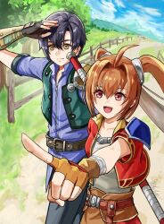  1boy 1girl antenna_hair armor black_hair brown_hair cropped_jacket double-parted_bangs eiyuu_densetsu estelle_bright fingerless_gloves gloves hair_intakes hidede34558526 joshua_bright long_hair open_mouth pauldrons pointing red_eyes short_hair shoulder_armor simple_background single_pauldron smile sora_no_kiseki twintails yellow_eyes 