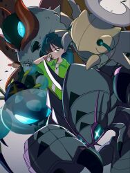  1girl araquanid blue_eyes bubble bug bug_type_theme_(pokemon) claws commentary_request crescent_halo floating golisopod green_eyes green_hair green_shirt halo highres holding holding_poke_ball insect_wings isopod mandibles moth multiple_wings net_ball no32_0025 orange_wings poke_ball pokemon pokemon_(creature) pokemon_focus shedinja shirt spider volcarona white_fur wings 