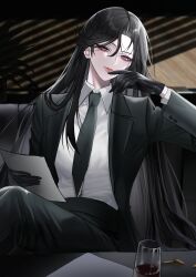  1girl absurdres alcohol black_gloves black_hair black_jacket black_necktie black_pants bullet collared_shirt commentary cup drinking_glass gloves hand_up highres holding holding_paper indoors jacket layered_sleeves long_hair long_sleeves looking_at_viewer necktie original pants paper parted_lips pink_lips rudang shirt shirt_tucked_in sitting solo straight_hair suit_jacket untranslatable_commentary very_long_hair violet_eyes white_shirt wine wine_glass 