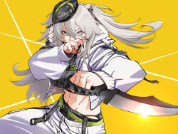  1girl abs animal_ears beret black_nails coat combat_knife commentary_request cowboy_shot crop_top fighting_stance fingernails fur-trimmed_coat fur_trim green_eyes grey_hair hands_up hat highres holding holding_knife hololive hololive_dreams jacket knife lion_ears lion_girl long_hair looking_at_viewer motion_blur muscular muscular_female pants reverse_grip sharp_fingernails shishiro_botan solo standing sweatpants usukimibilly88 virtual_youtuber weapon white_jacket white_pants yellow_background 