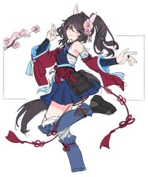  1girl absurdres agay1996 animal_ears black_hair breasts commentary_request detached_sleeves flower hair_between_eyes hair_flower hair_ornament highres horse_ears horse_girl long_hair looking_at_viewer phalaenopsis_(racing)_(umamusume) phalaenopsis_(umamusume) sarashi shoes simple_background small_breasts standing standing_on_one_leg tail umamusume violet_eyes white_background 