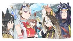  6+girls ahoge animal_ears armband beanie black_gloves black_hair black_jacket blue_coat blue_eyes blunt_bangs bow breasts brown_eyes brown_hair brown_hat card coat collared_shirt dream_journey_(reminder_of_dreamland)_(umamusume) dream_journey_(umamusume) dress ear_bow ear_covers ear_ribbon ears_through_headwear eyewear_strap fenomeno_(black_flames_of_the_righteous_spirit)_(umamusume) fenomeno_(umamusume) fingerless_gloves flag flipped_hair glasses gloves gold_ship_(red_strife)_(umamusume) gold_ship_(umamusume) grey_hair grey_hat hair_between_eyes hat highres holding holding_card holding_flag horse_ears horse_girl horseshoe_hat_ornament horseshoe_ornament jacket long_hair long_sleeves multicolored_hair multiple_girls nakayama_festa_(shichuukyuukatsu)_(umamusume) nakayama_festa_(umamusume) orange_hair orfevre_(control)_(umamusume) orfevre_(umamusume) peaked_cap pillbox_hat puffy_sleeves purple_hair red_dress red_shirt shirt single_ear_cover sleeveless sleeveless_dress stay_gold_(sunlit_outsider)_(umamusume) stay_gold_(umamusume) stay_gold_clan_(umamusume) striped_armband striped_clothes two-tone_hair umamusume ummsm_88 violet_eyes white_gloves white_hair white_shirt yellow_coat 