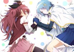 2026 2girls bandaged_head bandages blue_gloves blue_hair blue_skirt braid cape closed_eyes commentary_request detached_sleeves fortissimo from_side gloves grey_sleeves hair_ornament hairclip highres holding_hands long_hair lying magical_girl mahou_shoujo_madoka_magica mahou_shoujo_madoka_magica:_walpurgis_no_kaiten miki_sayaka miki_sayaka_(magical_girl) multiple_girls musical_note musical_note_hair_ornament nakayama_yuuji on_side pink_skirt pleated_skirt ponytail red_eyes red_hair sakura_kyoko sakura_kyoko_(magical_girl) signature skirt smile white_cape