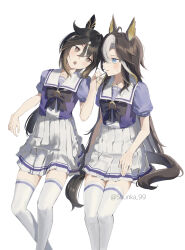  1girl 2girls absurdres adjusting_another's_eyewear ahoge animal_ears black_hair blue_eyes blush bow bowtie breasts brown_eyes brown_hair commentary_request dream_journey_(umamusume) ear_covers eyewear_strap glasses hair_between_eyes highres horse_ears horse_girl horse_tail long_hair multicolored_hair multiple_girls open_mouth pleated_skirt puffy_short_sleeves puffy_sleeves purple_bow purple_bowtie purple_shirt sailor_collar sailor_shirt school_uniform shirt short_sleeves shunka_shuto skirt small_breasts stay_gold_(umamusume) streaked_hair tail thigh-highs tracen_school_uniform two-tone_hair umamusume white_hair white_sailor_collar white_skirt white_thighhighs 
