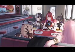  6+girls ahoge asparagus black_hair blue_fire blush booth_seating burger character_print chattino_(raora_panthera) commentary crown day demon_horns dress eating elizabeth_rose_bloodflame english_commentary faceless faceless_female fire food fork french_fries gigi_murin happy_(yppah1060) highres holding holding_fork hololive hololive_english horns indoors long_hair looking_at_another mori_calliope multicolored_hair multiple_girls nerissa_ravencroft off-shoulder_dress off_shoulder pasta pink_hair plate red_hair restaurant shiori_novella sitting sleeveless sleeveless_dress spaghetti steak sweatdrop sweeping twintails two-tone_hair white_hair yellow_eyes 