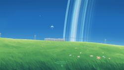  artist_logo blue_flower blue_sky clear_sky commentary day english_commentary flower grass grasslands highres logo moon no_humans original outdoors planet planetary_ring power_lines red_flower scenery science_fiction sky the_protagonists_(protagonist2114) train watermark 