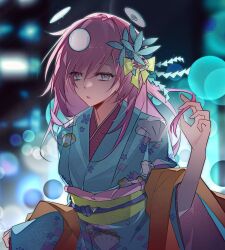  1girl aqua_eyes aroma_white blue_kimono blurry bokeh chinese_commentary commentary_request cytus cytus_ii depth_of_field floating_headgear hair_ornament headgear highres japanese_clothes kimono long_hair obi official_alternate_costume orange_shawl parted_lips pink_eyes pink_hair sash shawl solo upper_body xi86053502 