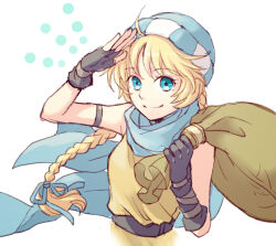  1girl aqua_eyes arm_strap asymmetrical_gloves beanie belt blonde_hair blue_scarf braid braided_ponytail breasts closed_mouth commentary_request fingerless_gloves fire_emblem fire_emblem:_genealogy_of_the_holy_war gloves hat holding holding_sack long_hair looking_at_viewer patty_(fire_emblem) sack salute scarf sidelocks simple_background sleeveless sleeveless_tunic small_breasts smile solo striped_clothes striped_headwear tunic under-elbow_gloves uneven_gloves upper_body usachu_now white_background yellow_tunic 