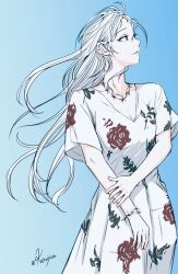  1girl albino aqua_background dress floral_print floral_print_dress highres konayuru long_hair print_dress red_eyes simple_background solo tensei_shitara_slime_datta_ken testarossa_(tensura) white_dress white_hair 