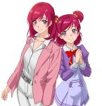  2girls age_difference belt bow bowtie closed_mouth collarbone collared_shirt cowboy_shot dress dress_shirt grey_belt grey_dress hair_bobbles hair_ornament height_difference highres jacket kibou_no_chikara_~otona_precure_&#039;23~ l&#039;ecole_des_cinq_lumieres_school_uniform long_hair long_sleeves looking_at_viewer multiple_girls open_clothes open_jacket own_hands_together pants pink_jacket pleated_dress precure purple_jacket red_bow red_bowtie redhead school_uniform shirt short_dress sketch smile sozan standing swept_bangs two_side_up violet_eyes white_pants white_shirt wing_collar yes!_precure_5 yumehara_nozomi 