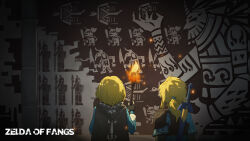 1boy 1girl absurdres aerocuda armor artist_name black_cape black_gloves blonde_hair blue_shirt bokoblin cape cave_paintings champion's_tunic_(zelda) commentary copyright_name dark english_text engrish_text facing_away fangs_(pixiv_54198849) fingerless_gloves fire from_behind ganondorf gloves hair_tie hand_up highres holding holding_torch hood hood_down hooded_cape layered_sleeves link long_sleeves master_sword medium_hair moblin pointy_ears ponytail princess_zelda ranguage sheath sheathed shirt short_hair short_over_long_sleeves short_sleeves shoulder_armor standing sword sword_on_back the_legend_of_zelda the_legend_of_zelda:_tears_of_the_kingdom torch upper_body weapon weapon_on_back 