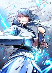  1girl breath expressionless fighting_stance glowing glowing_sword glowing_weapon highres holding holding_sword holding_weapon katana looking_up nagi_(player) parted_lips player_(webtoon) red_eyes snowdoc solo solo_focus sword weapon white_hair 