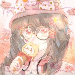 1girl animal-themed_food bandaid bandaid_on_cheek bandaid_on_face bear black_hair braid brown-framed_eyewear brown_background brown_eyes character-themed_food chinese_commentary colored_eyelashes commentary_request commission covered_mouth decora dripping eating food glasses hair_ornament hair_over_shoulder hairclip halftone hat headphones headphones_around_neck heart heart_hair_ornament highres holding holding_food holding_ice_cream holding_ice_cream_cone ice_cream ice_cream_cone infinity_nikki long_hair long_sleeves looking_ahead low_twin_braids mao_zhao_lei' momo_(nikki) multiple_braids nikki_(series) parallel_hairclips pink_hat pink_shirt print_headwear procreate_(medium) ribbon-trimmed_headwear ribbon_trim round_eyewear sample_watermark shirt solo sprinkles star_(symbol) star_hair_ornament star_print star_symbol_background stylist_(nikki) too_many_watermarks twin_braids two-tone_background upper_body watermark white_background x_hair_ornament 
