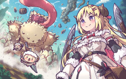  1girl ahoge aki_(akisora_hiyori) bag barrel belt blonde_hair blue_sky blush bow bow_(weapon) bowtie bush character_request chatacabra check_character commentary commentary_request crossover day detached_sleeves dress flying_sweatdrops frog_tongue from_side fur-trimmed_dress fur_trim hair_ornament hairclip hololive horns long_hair monster monster_hunter_(series) outdoors parallel_hairclips quiver red_bow red_bowtie saliva satchel sheep_girl sheep_horns sky smile standing sword sword_on_back tree tsunomaki_watame violet_eyes virtual_youtuber watamate weapon weapon_on_back 