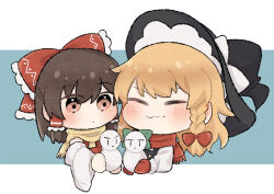  2girls :3 ascot black_hat black_vest blonde_hair blush bow braid brown_eyes brown_hair chibi chibi_only closed_eyes closed_mouth commentary_request detached_sleeves frilled_bow frilled_hair_tubes frills hair_bow hair_tubes hakurei_reimu hat hat_bow highres kirisame_marisa long_hair mittens multiple_girls red_bow red_mittens red_scarf red_skirt scarf side_braid single_braid skirt smile snowman touhou upper_body uzuki_(amayadori) vest white_bow witch_hat yellow_ascot yellow_eyes yellow_scarf 