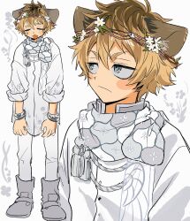  1boy 7skk :< aiguillette animal_ear_fluff blonde_hair blue_eyes blush_stickers boots bracelet fang floral_print floral_print_shirt flower flower_request full_body grey_boots grey_scarf hair_between_eyes head_wreath high_collar highres hyena_boy hyena_ears jewelry jitome looking_to_the_side male_focus multicolored_hair multiple_bracelets multiple_views pants pants_tucked_in print_scarf print_shirt raised_inner_eyebrows roots_(hair) ruggie_bucchi ruggie_bucchi_(gala_couture) scarf shirt short_eyebrows short_hair sideways_glance silver_bracelet simple_background sleeves_rolled_up tassel teardrop twisted_wonderland upper_body v-shaped_eyebrows very_short_hair white_background white_flower white_pants white_shirt 