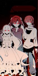  1girl 2boys apron arrow_(symbol) black_overalls boots bow closed_mouth collar commentary_request dress facial_mark frilled_apron frilled_dress frills goggles hair_between_eyes hair_bow headband headphones highres hood hood_up kagerou_project konoha_(kagerou_project) kozakura_marry long_hair long_sleeves looking_at_viewer low_ponytail multiple_boys overalls pants partially_colored ponytail red_eyes red_theme ribbon scarf seto_kousuke shirt short_hair short_ponytail skirt smile track_suit wavy_hair white_apron yusenn_ringo 