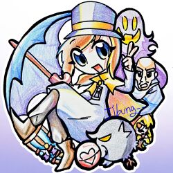  2boys 2girls :d a_hat_in_time apron artist_name bald bird black_eyes black_facial_hair blonde_hair blue_eyes blue_jacket blue_umbrella boots brown_boots brown_hair cape commentary crow facial_hair fangs gashapon ghost hand_up hat hat_kid hat_ribbon heart highres hood hood_up hourglass jacket jibung long_hair long_sleeves looking_at_viewer looking_to_the_side mafia_(a_hat_in_time) multiple_boys multiple_girls mustache mustache_girl open_mouth orange_eyes pants pinstripe_jacket pinstripe_pattern purple_background purple_hat purple_jacket red_hood ribbon skin_fangs smile snatcher_(a_hat_in_time) striped_clothes striped_jacket thick_eyebrows top_hat umbrella untranslatable_commentary v vertical-striped_clothes vertical-striped_jacket white_apron white_pants yellow_cape yellow_eyes yellow_ribbon zipper_pull_tab 
