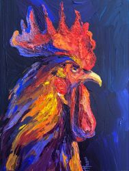  acrylic_paint_(medium) anastasia_trusova animal animal_focus bird chicken commentary complementary_colors dated dated_commentary english_commentary highres no_humans original painting_(medium) profile rooster signature traditional_media 