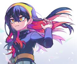  1girl bag belt belt_buckle black_hair blurry buckle buttons carmine_(pokemon) closed_mouth commentary_request eyelashes fanny_pack floating_hair grey_background hair_between_eyes hairband hand_up highres jacket korean_commentary long_sleeves mole mole_under_eye pokemon pokemon_scarlet_and_violet solo ufo_sw yellow_bag yellow_eyes yellow_hairband zipper_pull_tab 