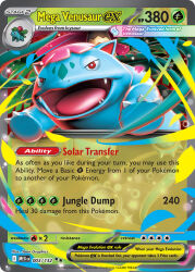  3d 5ban_graphics animal_focus artist_name bright_pupils card_(medium) character_name commentary company_name copyright_name copyright_notice english_commentary english_text ivysaur mega_evolution_symbol mega_pokemon mega_venusaur no_humans official_art petals pokemon pokemon_(creature) pokemon_card pokemon_focus pokemon_tcg red_eyes solo third-party_source trading_card venusaur white_pupils 