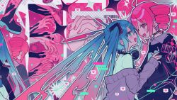  2girls ahoge aqua_eyes aqua_hair aqua_nails barcode black_choker black_sweater blush checkered_background choker collared_shirt complementary_colors drill_hair face-to-face grey_jacket grey_shirt hair_ornament hatsune_miku headphones highres holding_hands interlocked_fingers jacket jacket_partially_removed kasane_teto long_hair miwasiba multiple_girls multiple_views open_mouth print_sweater reaching red_eyes red_hair red_nails second-party_source shirt short_hair smile string_choker sweater thumbnail_collage twin_drills twintails utau very_long_hair vocaloid white_shirt 