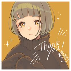  1girl blush bob_cut border brown_hair brown_sweater closed_mouth commentary_request eyelashes kamogawa_akira lips long_sleeves original short_hair simple_background sleeves_past_fingers sleeves_past_wrists solo sparkle sweater thank_you white_border yellow_background yellow_eyes 