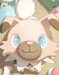  absurdres blue_eyes brown_fur commentary_request dog highres indoors jigglypuff looking_at_viewer no_humans phantomenon1031 poke_ball poke_ball_(basic) pokemon pokemon_(creature) pokemon_focus rockruff snorlax solo stuffed_toy tail wooden_floor 